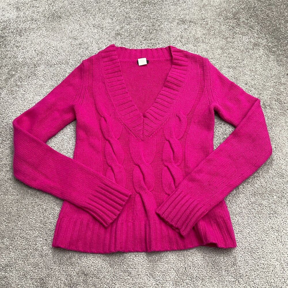 J. Crew Wool Cashmere Cable Knit Sweater Womens Small Hot Pink V-Neck Pullover